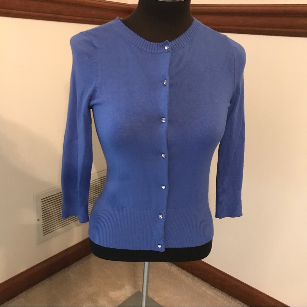 express design studio cardigan. jewled buttons. cobalt blue